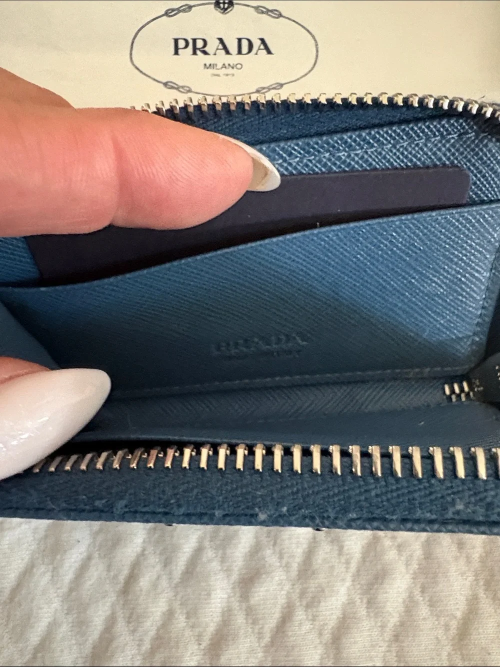 💯 Authentic Prada Blue Saffiano Leather Zip Key & Card Holder w/ Silver hardware